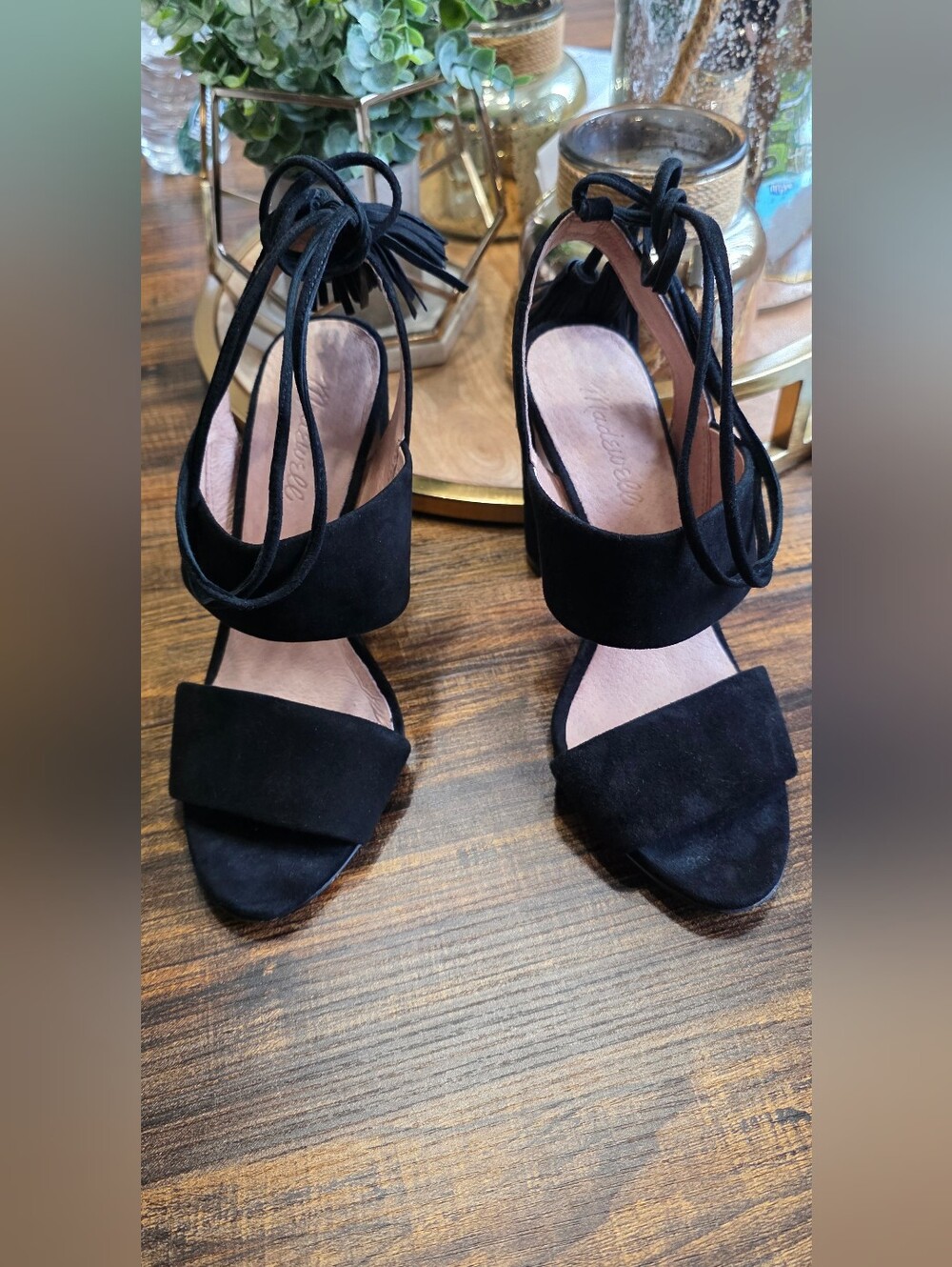 Madewell Black Suede Lace-Up Block Heel Sandals